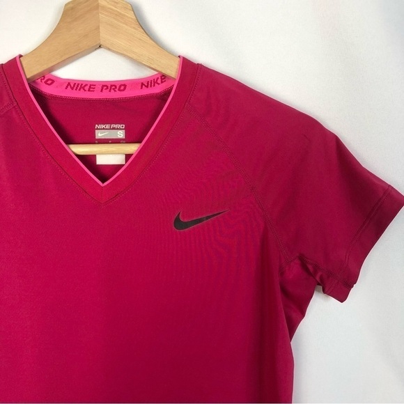 Nike Pro Combat Hot Pink V-Neck Short Sleeve Athletic Top S - Picture 3 of 4